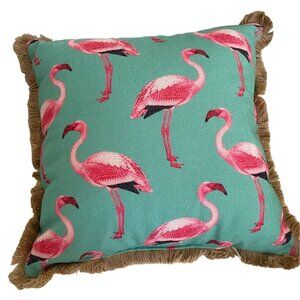 NEWPORT 18x18 Pink Flamingo Throw Pillow Cushion Aqua Turquoise Coastal Fringe